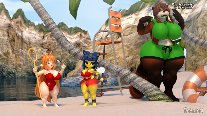 2022 3d_(artwork) animal_crossing ankha_(animal_crossing) anthro artist_name avian beach big_breasts bikini bird blender_(software) blizzard_entertainment blue_hair breasts brown_body brown_fur brown_hair cleavage clothed clothing curvaceous curvy_figure detailed_background dialogue digital_media_(artwork) domestic_cat elf english_text eyes_closed eyeshadow felicia_(tahlian) felid feline felis female fingers fluffy fluffy_tail freckles fur group hair hand_on_hip hi_res high_chair hourglass_figure huge_breasts humanoid humanoid_pointy_ears kimiko_(tahlian) lifeguard light-skinned_female light_body light_skin long_hair long_tail makeup mammal multicolored_body multicolored_fur net nintendo one-piece_swimsuit orange_hair outside pandaren question_mark red_body red_fur red_pandaren seaside short_stack simple_eyes size_difference small_waist standing swimwear tahlian text thick_thighs trio ursid video_games voluptuous warcraft watermark white_body white_fur wide_hips yellow_body yellow_fur