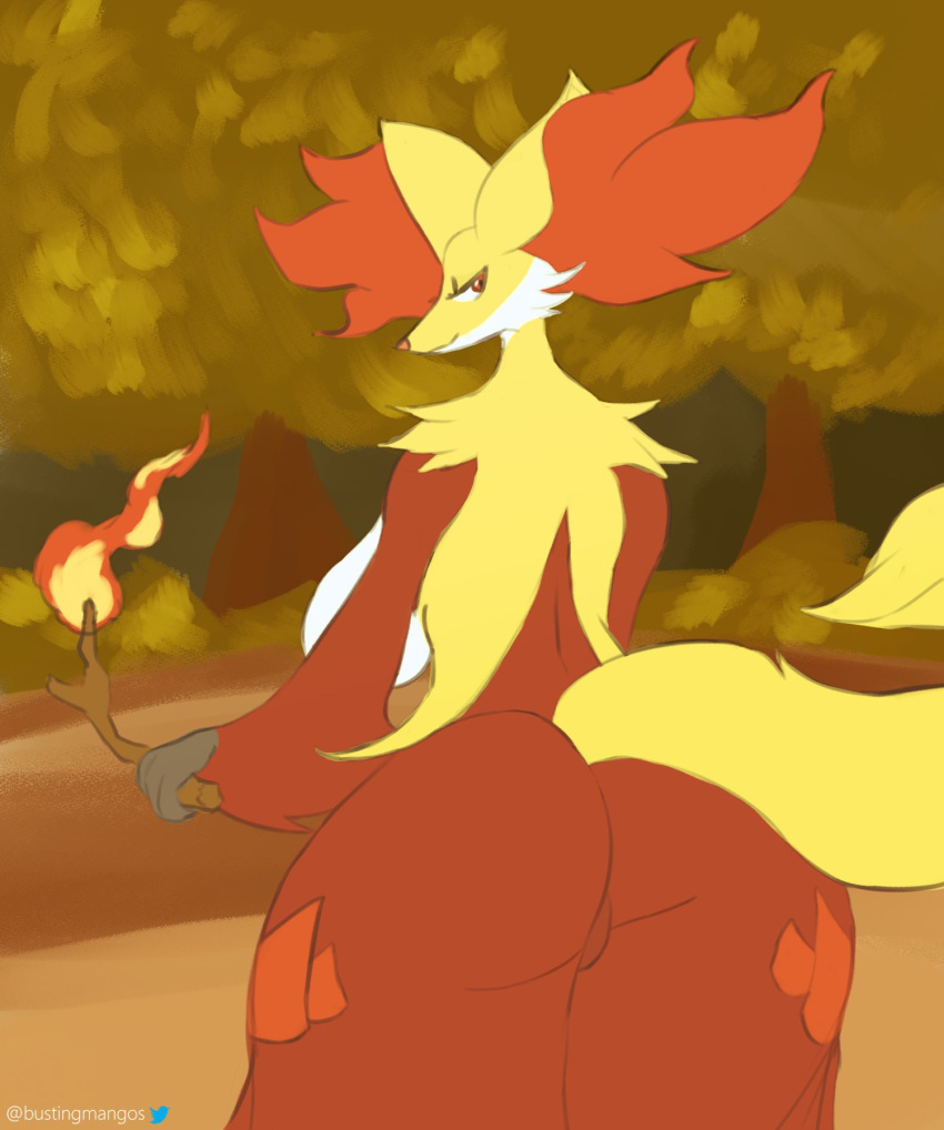 2022 anthro big_breasts big_butt big_ears breasts bustingmangos butt canid clothing curvy_figure delphox digital_media_(artwork) dress facial_tuft female fire forest fur hair hi_res looking_at_viewer looking_back looking_back_at_viewer mammal nintendo orange_hair plant pok&eacute;mon pok&eacute;mon_(species) presenting presenting_hindquarters red_body red_fur side_boob smile solo stick thick_thighs tree video_games voluptuous wide_hips yellow_body yellow_fur