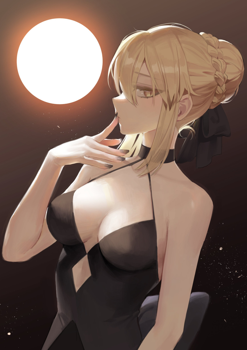 1girl absurdres artoria_pendragon_(fate) bare_shoulders black_bow black_dress black_nails blonde_hair bow braid breasts breasts_apart cowboy_shot dress dutch_angle fate/grand_order fate_(series) finger_to_mouth french_braid full_moon hair_between_eyes hair_bow highres looking_at_viewer medium_breasts moon night saber_alter solo yellow_eyes yoru_(0_0yoru)