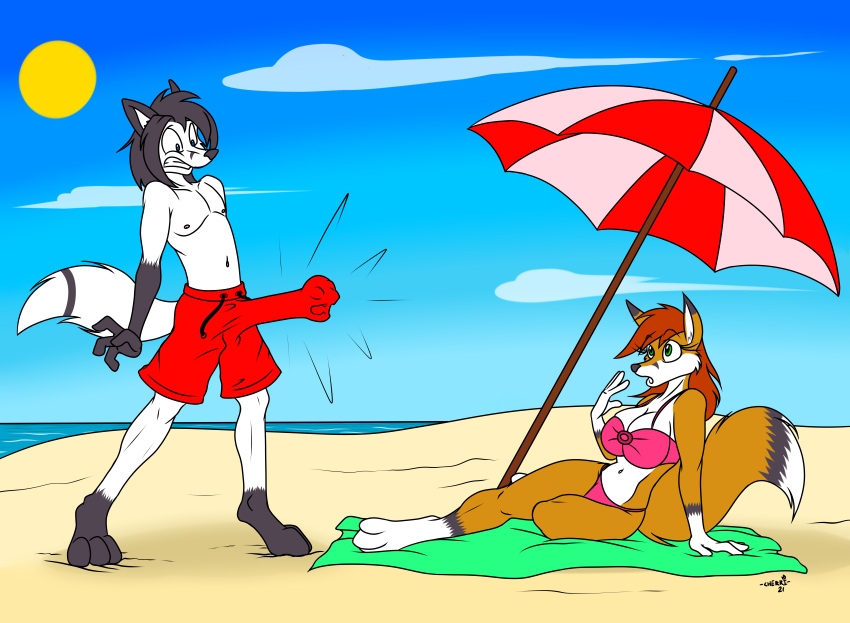 absurd_res alex_(alexmarblefox) anthro ashley_(alexmarblefox) beach big_breasts bikini black_hair blue_eyes bottomwear breasts bulge canid canine cherri_(artist) clothed clothing cock_transformation duo embarrassed erection erection_under_clothing erection_under_swimwear female fox fur genitals green_eyes hair hi_res male male/female mammal marble_fox navel nipples orange_body orange_fur penis penis_creature pink_bikini pink_clothing pink_nipples pink_swimwear red_bottomwear red_clothing red_fox red_hair red_swimming_trunks red_swimwear sand seaside sentient_penis shirtless shocked_expression sky sun swimming_trunks swimwear topless towel transformation umbrella unusual_anatomy unusual_genitalia unusual_penis unwanted_erection water what white_body white_fur