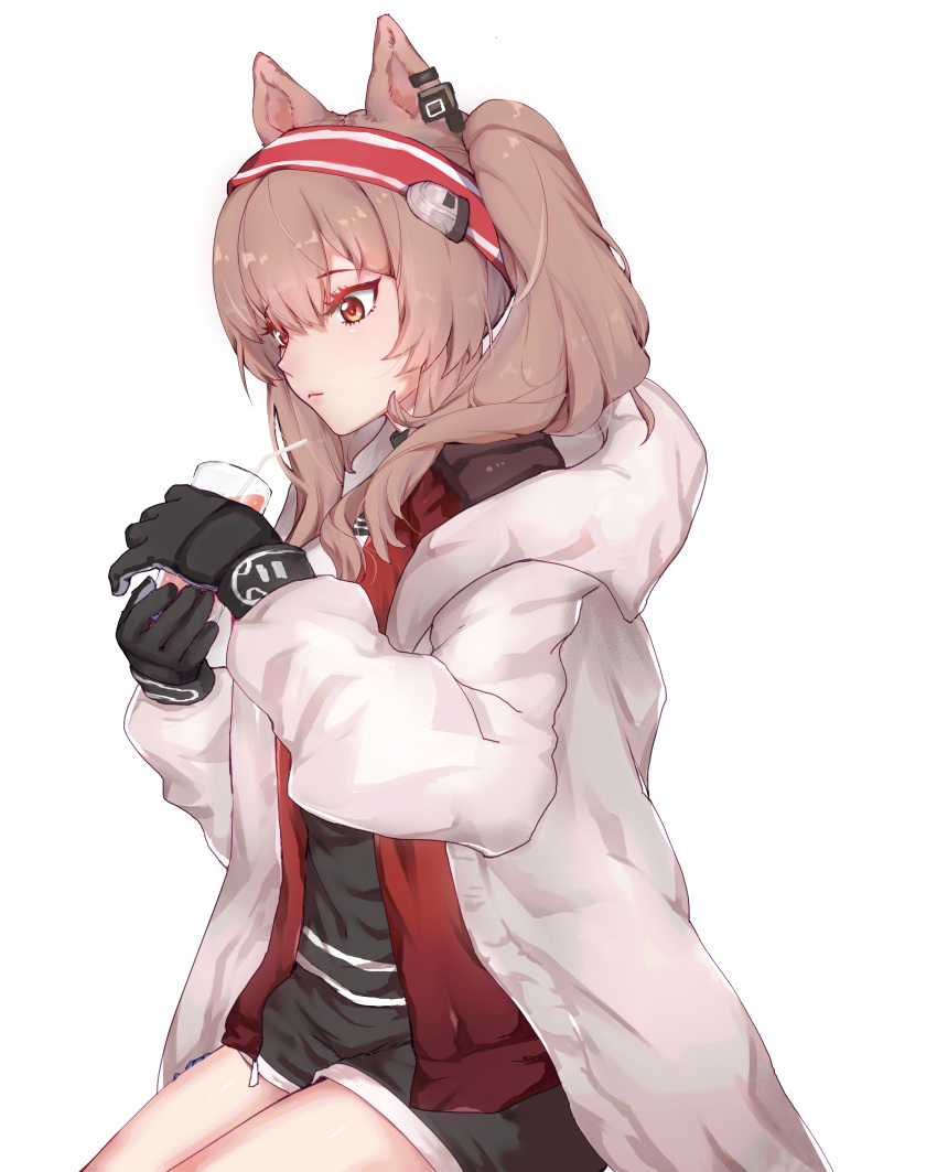 1girl absurdres angelina_(arknights) animal_ears arknights bangs bendy_straw black_gloves black_shirt black_shorts brown_eyes brown_hair closed_mouth cturasl cup drinking_glass drinking_straw eyebrows_visible_through_hair gloves hair_between_eyes hairband highres holding holding_cup hood hood_down hooded_jacket jacket long_hair long_sleeves looking_away puffy_long_sleeves puffy_sleeves red_hairband shirt short_shorts shorts simple_background solo striped striped_hairband twintails white_background white_jacket