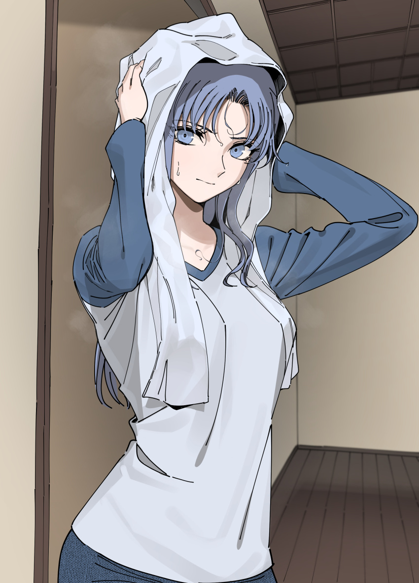 1girl absurdres alternate_costume arms_up bangs blue_eyes blue_hair breasts closed_mouth commentary_request cosplay drying drying_hair emiya_shirou emiya_shirou_(cosplay) eyebrows_visible_through_hair fate/stay_night fate_(series) highres holding holding_towel long_hair long_sleeves looking_at_viewer medea_(fate) medium_breasts parted_bangs raglan_sleeves rasupekuto shirt solo towel wet wet_hair white_shirt wooden_floor