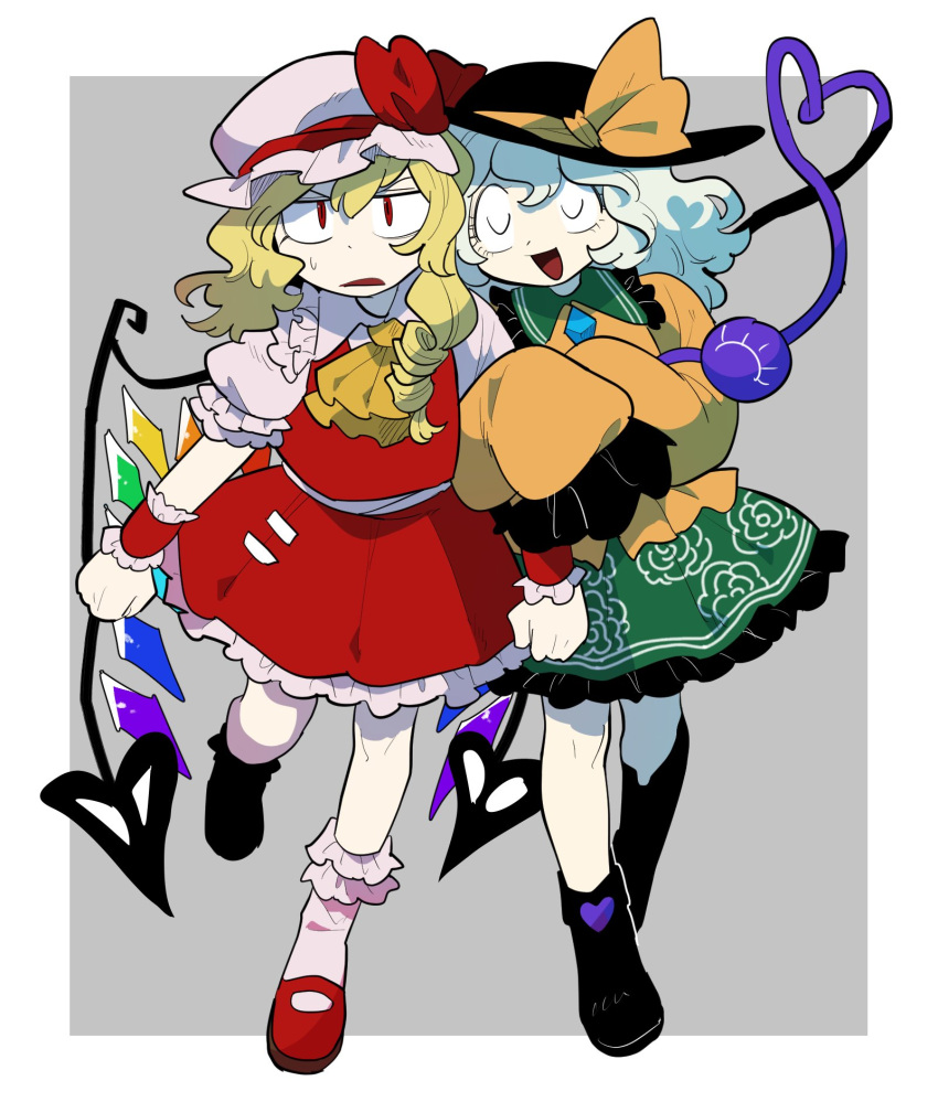 2girls :d ascot bangs black_footwear black_headwear blonde_hair blouse boots buttons collared_shirt diamond_button eyeball flandre_scarlet floral_print frilled_shirt_collar frilled_skirt frilled_sleeves frills frown full_body furukawa_(yomawari) green_skirt hair_between_eyes hat hat_ribbon heart heart_of_string highres holding komeiji_koishi laevatein_(touhou) light_green_hair long_sleeves looking_at_viewer mary_janes medium_hair mob_cap multiple_girls one_side_up open_mouth pink_headwear puffy_short_sleeves puffy_sleeves red_eyes red_footwear red_skirt red_vest ribbon rose_print shirt shoes short_sleeves skirt skirt_set slit_pupils smile third_eye touhou vest wavy_hair white_shirt wide_sleeves wings wrist_cuffs yellow_ascot yellow_shirt