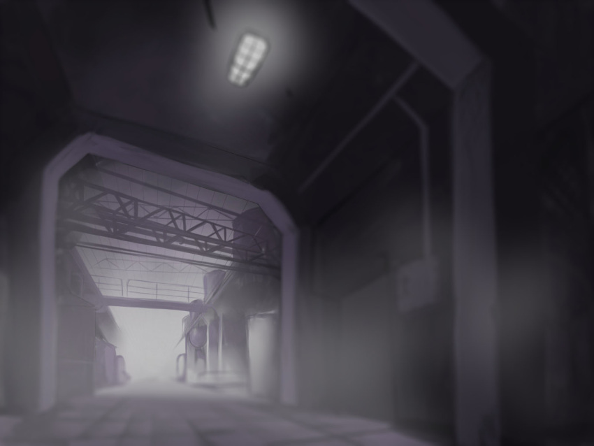 bio_lab blurry blurry_background catwalk_(walkway) commentary_request fluorescent_lamp grey_theme highres indoors industrial no_humans ragnarok_online railing sail_(sail-away) scenery vat