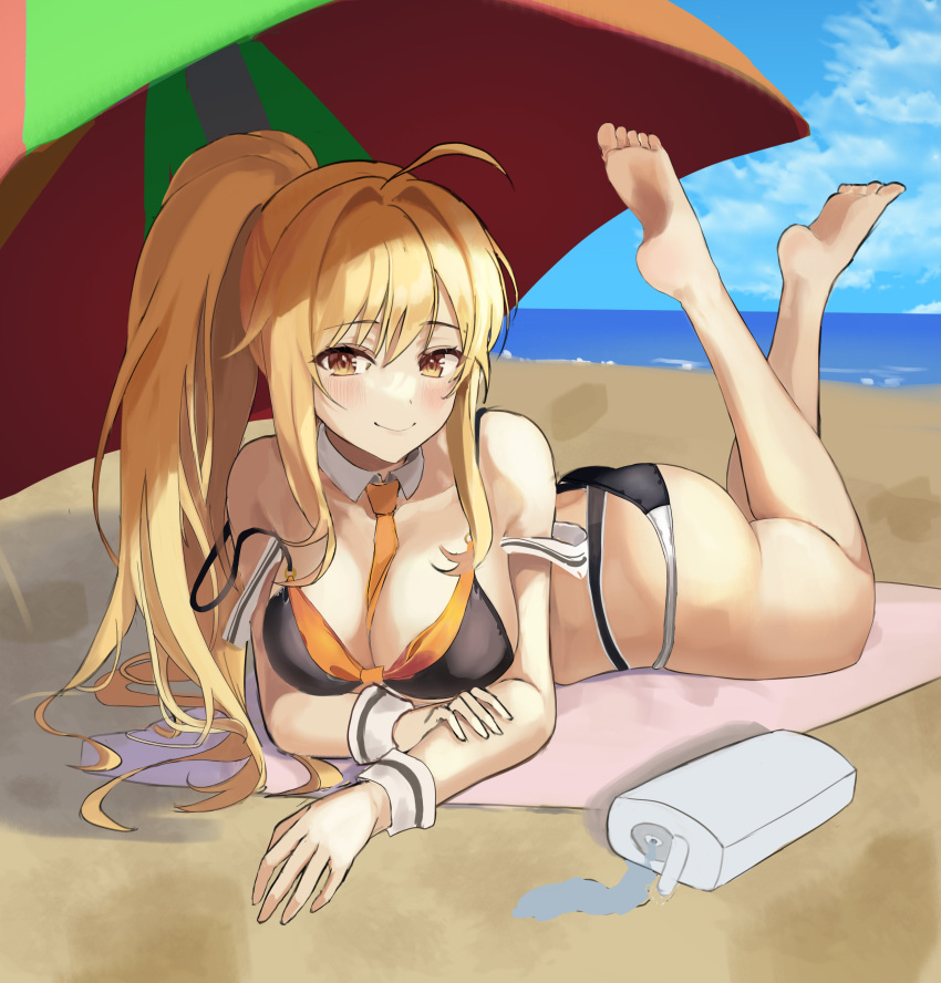 1girl absurdres ahoge ass bare_arms bare_legs bare_shoulders barefoot beach beach_mat beach_umbrella between_breasts bikini black_bikini blonde_hair breasts cleavage closed_mouth day detached_collar fakey feet highres large_breasts legs_up long_hair looking_at_viewer lotion_bottle lying multi-strapped_bikini necktie ocean on_stomach original outdoors ponytail sidelocks smile solo strap_slip string_bikini swimsuit the_pose thighs umbrella very_long_hair wrist_cuffs yellow_eyes