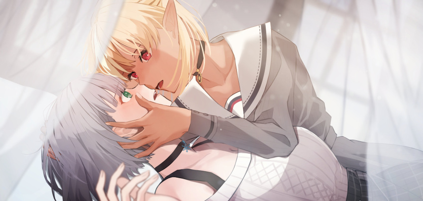 2girls absurdres airo_00 black_choker black_tank_top blonde_hair blush braid breasts choker collarbone couple dark-skinned_female dark_elf dark_skin elf face french_braid green_eyes grey_hair hair_down hairband highres hololive imminent_kiss incoming_kiss jewelry leaning_forward long_hair multicolored_hair multiple_girls off-shoulder_sweater off_shoulder parted_lips pendant pointy_ears puckered_lips ribbed_sweater shiranui_flare shirogane_noel short_hair snowflake_pendant streaked_hair sun_pendant sweater tank_top upper_body virtual_youtuber wavy_hair white_sweater wife_and_wife yuri