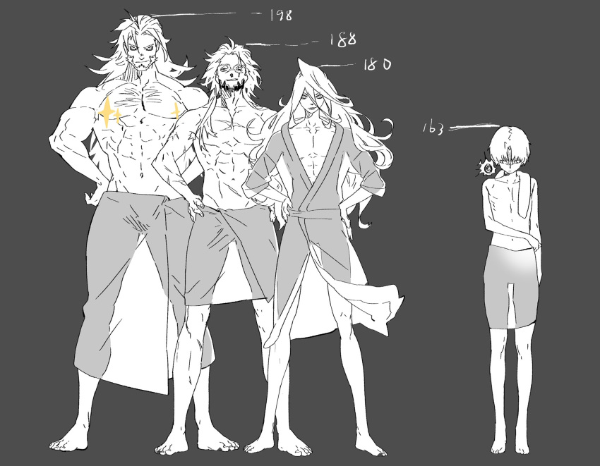 4boys abs alchemy_stars bangs bare_shoulders barefoot barton_(alchemy_stars) bathrobe beard censored censored_nipples charon_(alchemy_stars) facial_hair full_body gram_(alchemy_stars) greyscale hands_on_hips height_chart highres kohodn long_hair looking_at_viewer male_focus monochrome multiple_boys naked_towel navel scar scar_across_eye scar_on_arm scar_on_chest shaded_face short_hair smile sparkle standing topless_male towel towel_on_one_shoulder white_dwarf_(alchemy_stars)