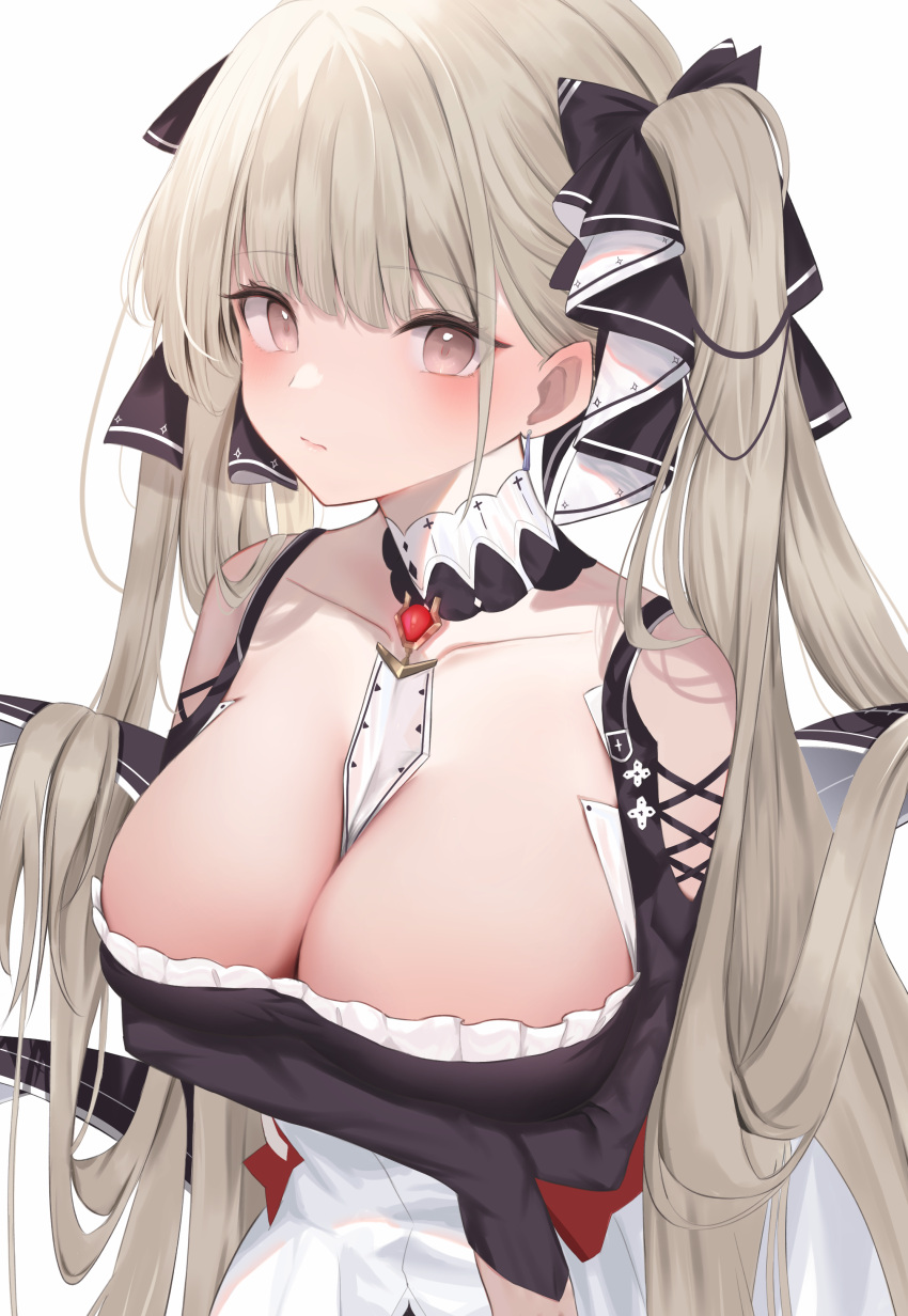 1girl absurdres arms_under_breasts azur_lane bare_shoulders between_breasts black_dress breasts cleavage clothing_cutout commentary_request daily_(daily178900) detached_collar dress flight_deck formidable_(azur_lane) frilled_dress frills grey_hair highres huge_breasts large_breasts long_hair looking_at_viewer necktie necktie_between_breasts pink_eyes red_eyes shoulder_cutout simple_background solo twintails two-tone_dress two-tone_ribbon upper_body very_long_hair white_background white_dress