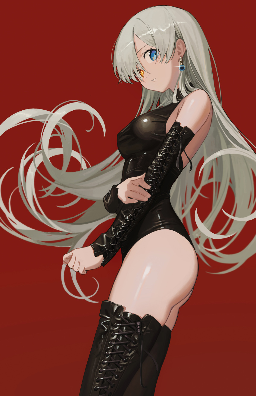 08191224k 1girl absurdres bare_shoulders black_footwear blue_eyes boots breasts cross-laced_footwear detached_sleeves earrings elizabeth_liones from_side grey_hair hair_over_one_eye heterochromia highres jewelry lace-up_boots large_breasts long_hair looking_at_viewer nanatsu_no_taizai red_background simple_background solo thigh_boots yellow_eyes