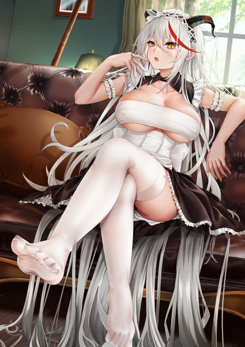 1girl :o absurdres aegir_(azur_lane) aegir_(iron_blood's_dragon_maid)_(azur_lane) arm_garter arm_support azur_lane black_skirt blush breasts cleavage couch covered_nipples crossed_legs curtains demon_horns feet frilled_hairband frilled_skirt frilled_sleeves frills full_body garter_straps hairband highres horns indoors lamp large_breasts leaning_back long_hair looking_at_viewer maid maid_headdress multicolored_hair no_shoes official_alternate_costume on_couch open_mouth panties red_hair see-through see-through_legwear sitting skirt slit_pupils solo streaked_hair thighhighs thighs toes underboob underwear very_long_hair white_hair white_legwear window yami_kumo yellow_eyes