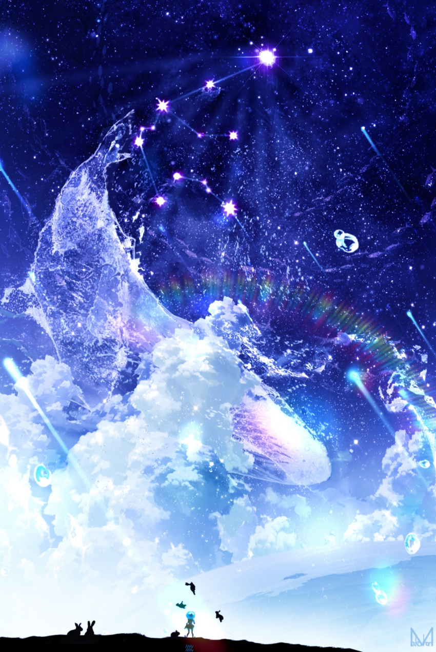 1girl artist_name bubble cloud commentary constellation highres makoron117117 original outdoors rabbit rainbow_gradient scenery shooting_star sky solo star_(sky) starry_sky whale