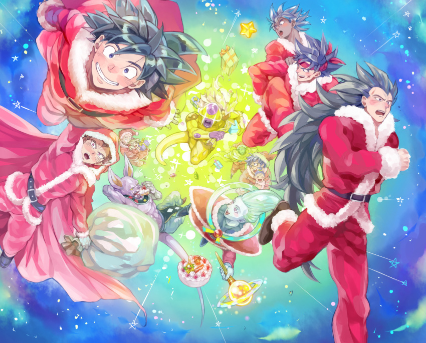 2girls 6+boys abs baby baby_carry bardock beerus black_hair blonde_hair blue_hair blush boots box bra_(dragon_ball) cake carrying carrying_person child child_carry christmas colored_skin dragon_ball dragon_ball_z eating egyptian_clothes father_and_daughter female_child flying food frieza fur-trimmed_headwear fur_trim gift gift_box glasses gloves golden_frieza green_skin hat headband highres holding holding_cake holding_food holding_sack kakipiinu kuririn long_hair looking_at_another looking_at_viewer marron multiple_boys multiple_girls namekian open_mouth piccolo piggyback raditz red_headband sack santa_boots santa_costume santa_hat scar scar_on_cheek scar_on_face short_hair smile son_gohan son_goku spiked_hair star_(sky) star_(symbol) teeth tullece vegeta whis white_gloves