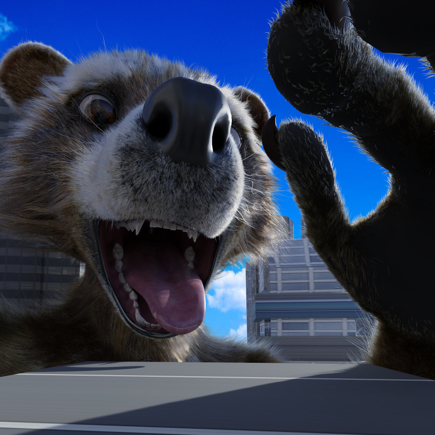 anthro blender_(software) brown_body brown_fur city fur guardians_of_the_galaxy hi_res looking_at_viewer macro male mammal marvel open_mouth procyonid raccoon rocket_raccoon solo tawzy tongue vore