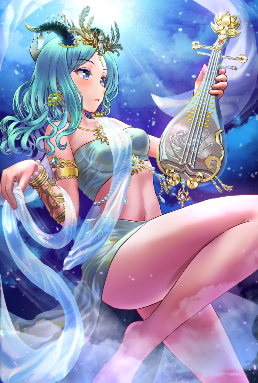 1girl blue_eyes blue_hair character_request eyebrows_visible_through_hair highres holding holding_instrument horns identity_v instrument long_hair lute_(instrument) shawl solo uemura_shun