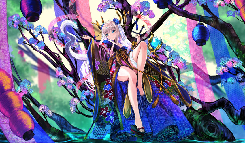 1girl absurdres bangs bare_legs beckoning blue_eyes blue_flower blurry blurry_background blush branch closed_mouth commentary counter:side day eyebrows_visible_through_hair eyeliner floral_print flower forest hair_flower hair_ornament hanging_lantern highres holding holding_sword holding_weapon in_tree japanese_clothes kimono knee_up lantern long_hair long_sleeves looking_at_another makeup nanahara_chinatsu nature off_shoulder official_alternate_costume okobo orb platform_footwear purple_pupils rope sandals sidelocks single_sandal sitting sitting_in_tree smile snake solo streamers sword tassel tree tuhua_shouluo_(dohwasura) water weapon white_hair white_snake wide_sleeves