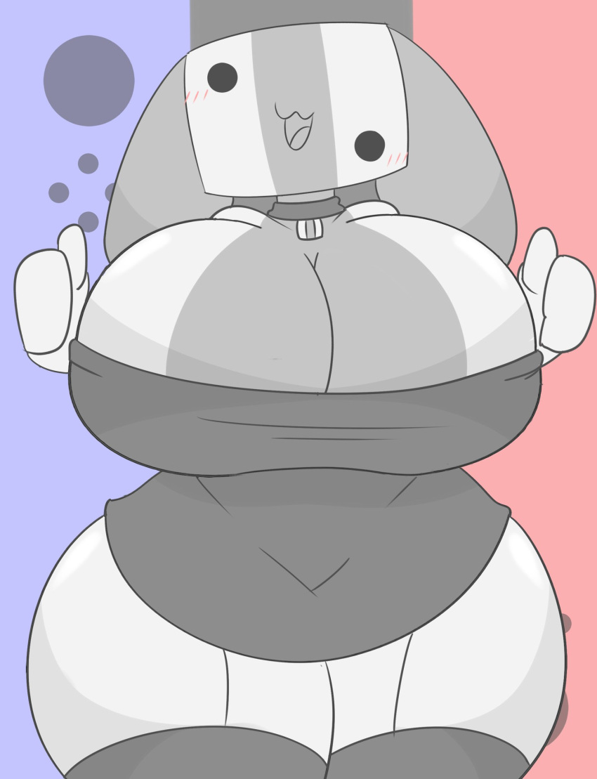 animate_inanimate anthro big_breasts black_eyes blue_background blush breasts canid canine choker cleavage clothed clothing collar dog_tags female floppy_ears gesture grey_body grey_choker grey_clothing grey_collar grey_jewelry grey_necklace hi_res huge_breasts jewelry leggings legwear long_ears looking_at_viewer mammal necklace nintendo nintendo_switch noseless open_mouth open_smile red_background red_blush shaded short_stack simple_background skimpy small_clothing smile solo standing stockings switch_dog thick_thighs thumbs_up tongue video_games wide_hips zaclyn