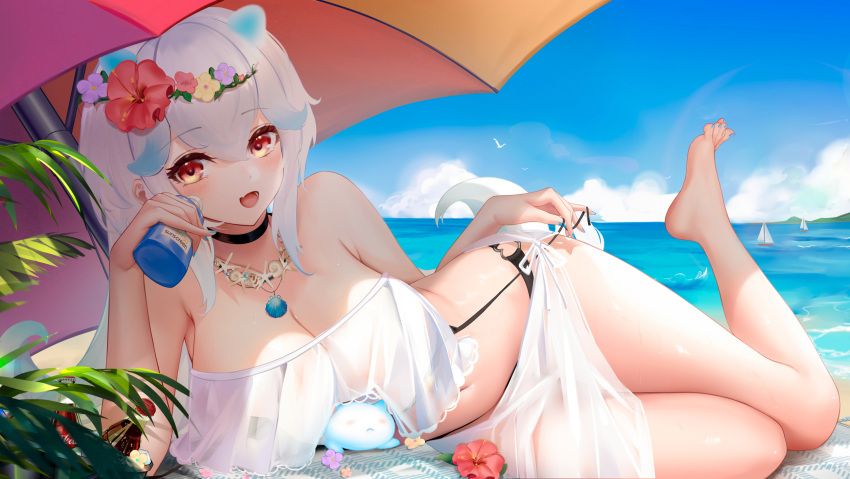 1girl :d bangs bare_legs barefoot beach bikini bikini_under_clothes black_bikini black_choker blue_hair blue_nails blue_sky blush bottle choker cloud day feet_up flower hair_between_eyes hair_flower hair_ornament hibiscus highres holding holding_bottle holding_strap liu_liaoliao looking_at_viewer lotion lotion_bottle lying multicolored_hair nail_polish ocean on_side original outdoors plant purple_flower red_eyes red_flower sarong see-through shell_necklace sky smile solo strap_pull streaked_hair sunscreen swimsuit toenail_polish toenails white_hair yellow_flower