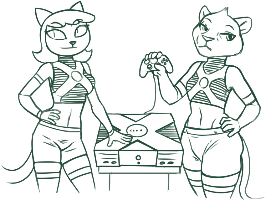 a_kitty_bobo_show anthro bottomwear clothed clothing controller crossover domestic_cat duo father_of_the_pride felid feline felis female game_console game_controller hair hand_on_hip hi_res holding_object lion maggie_(kitty_bobo) mammal microsoft midriff monochrome pantherine pupils redout shorts sierra_(father_of_the_pride) slit_pupils thick_thighs video_games wide_hips xbox xbox_console xbox_game_studios