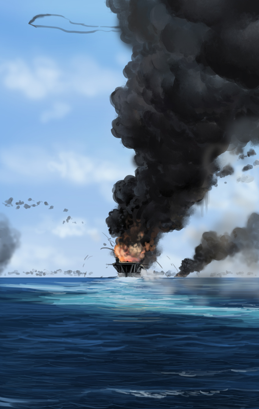 absurdres aircraft_carrier akagi_(aircraft_carrier) blue_sky cloud explosion fire highres historical_event imperial_japanese_navy kaga_(aircraft_carrier) military military_vehicle mo_yu_de_jiaozi no_humans ocean original ship sky smoke warship watercraft world_war_ii