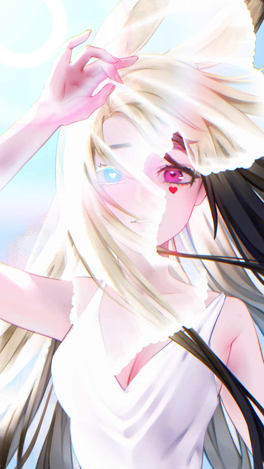 1girl absurdres animal_ears anon_non anon_non_(artist) bare_shoulders black_hair blonde_hair blue_eyes breasts clip_studio_paint_(medium) collarbone dress dual_persona glowing glowing_eyes gradient_hair heart heart-shaped_pupils heterochromia highres long_hair medium_breasts multicolored_hair playing_card_theme prism_project rabbit_ears rabbit_girl red_eyes see-through sundress symbol-shaped_pupils virtual_youtuber white_dress