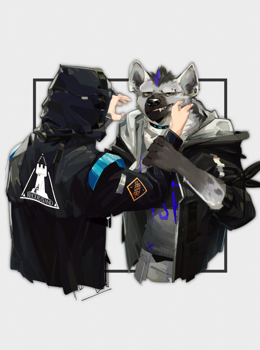 absurd_res anthro arknights black_body black_clothing black_coat black_fur black_hair black_jacket black_nose black_topwear blue_hair cheek_pinch clothed clothing coat collar doctor_(arknights) duo ear_piercing eyebrow_piercing faceless_character faceless_male facial_piercing fur grey_body grey_fur hair half-closed_eyes hand_on_face hi_res human hyaenid hypergryph jacket male male/male mammal multicolored_body multicolored_fur multicolored_hair narrowed_eyes omochi_kuitai open_clothing open_jacket open_topwear piercing pinch simple_background spot_(arknights) spots spotted_body spotted_fur spotted_hyena studio_montagne topwear two_tone_body two_tone_fur two_tone_hair video_games