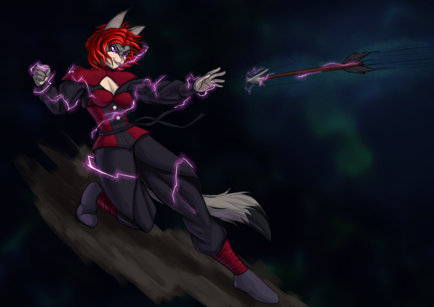 absurd_res anthro arrow boots casting_spell clenched_teeth clothing domestic_cat elwyna_(za-owl) felid feline felis female footwear grin hair hi_res magic mammal pupils purple_eyes red_hair simple_background slit_pupils smile solo sparks teeth za-owl