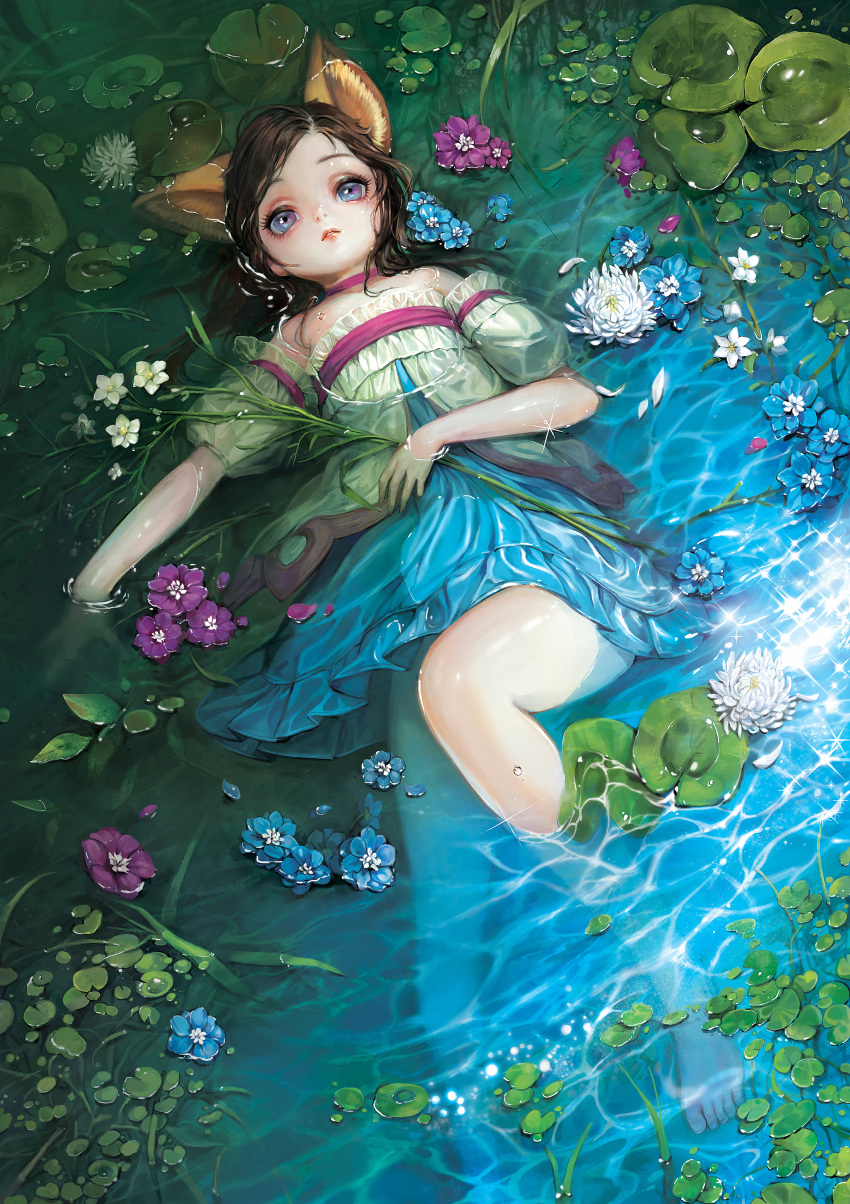 1girl absurdres animal_ears bare_shoulders barefoot blue_dress blue_eyes blue_flower brown_hair caustics choker detached_sleeves dress elin flat_chest flower hand_on_own_stomach highres in_water knee_up lily_pad looking_at_viewer lying medium_hair multicolored_clothes multicolored_dress on_back outdoors partially_submerged pink_choker pink_flower sehee solo strapless strapless_dress tera_online water water_lily_flower wet wet_clothes white_dress