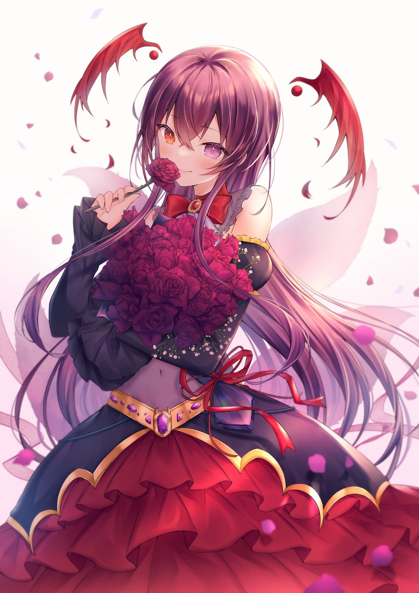 1girl backlighting bouquet bow bowtie brooch commentary_request covered_navel detached_sleeves detached_wings eyebrows_visible_through_hair fairy_wings flower hair_between_eyes haruhitooo head_wings heterochromia highres holding holding_bouquet holding_flower jewelry light_blush long_hair long_sleeves orange_eyes original petals purple_eyes purple_hair rose smelling_flower smile solo white_background wings