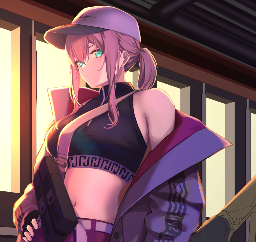 1girl 3_small_spiders absurdres aqua_eyes ar-57_(girls'_frontline) bangs black_gloves black_tank_top blush breasts closed_mouth commentary crop_top eyebrows_visible_through_hair fingerless_gloves girls'_frontline gloves hand_on_hip highres jacket jacket_pull long_hair looking_at_viewer medium_breasts navel open_clothes open_jacket pink_hair ponytail solo tank_top upper_body white_headwear white_jacket
