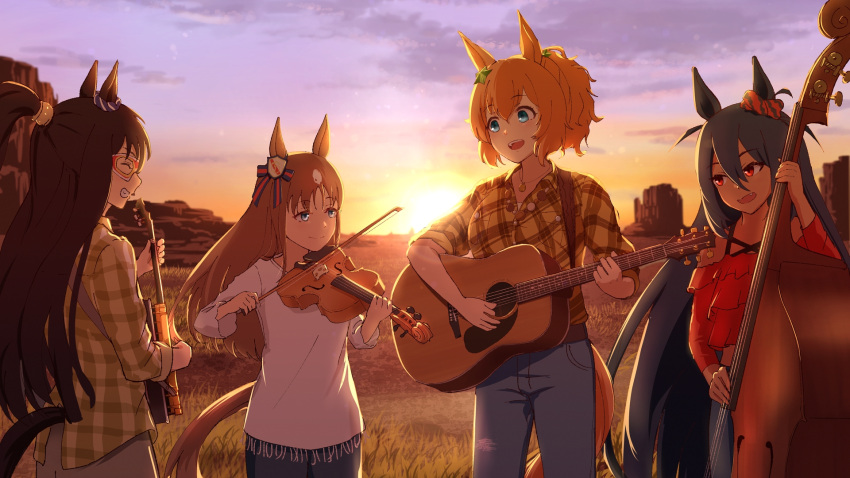 4girls :d acoustic_guitar alternate_costume animal_ears backlighting bangs banjo black_hair blue_eyes bow_(music) brown_hair casual cello checkered_clothes checkered_shirt closed_eyes commentary_request cowboy_shot denim domino_mask dress_shirt ear_ornament ear_ribbon el_condor_pasa_(umamusume) evening fang from_behind grass grass_wonder_(umamusume) grasslands grin guitar hair_between_eyes hair_ornament height_difference highres hishi_amazon_(umamusume) holding holding_instrument horse_ears horse_girl horse_tail instrument jeans jewelry kaniyamo light_brown_hair light_smile long_hair long_sleeves loose_clothes loose_shirt mask medium_hair multicolored_hair multiple_girls music necklace off-shoulder_shirt off_shoulder outdoors pants playing_instrument ponytail red_eyes red_shirt shirt sleeves_rolled_up smile standing star_(symbol) star_hair_ornament straight_hair strap sunset taiki_shuttle_(umamusume) tail umamusume very_long_hair violin white_shirt