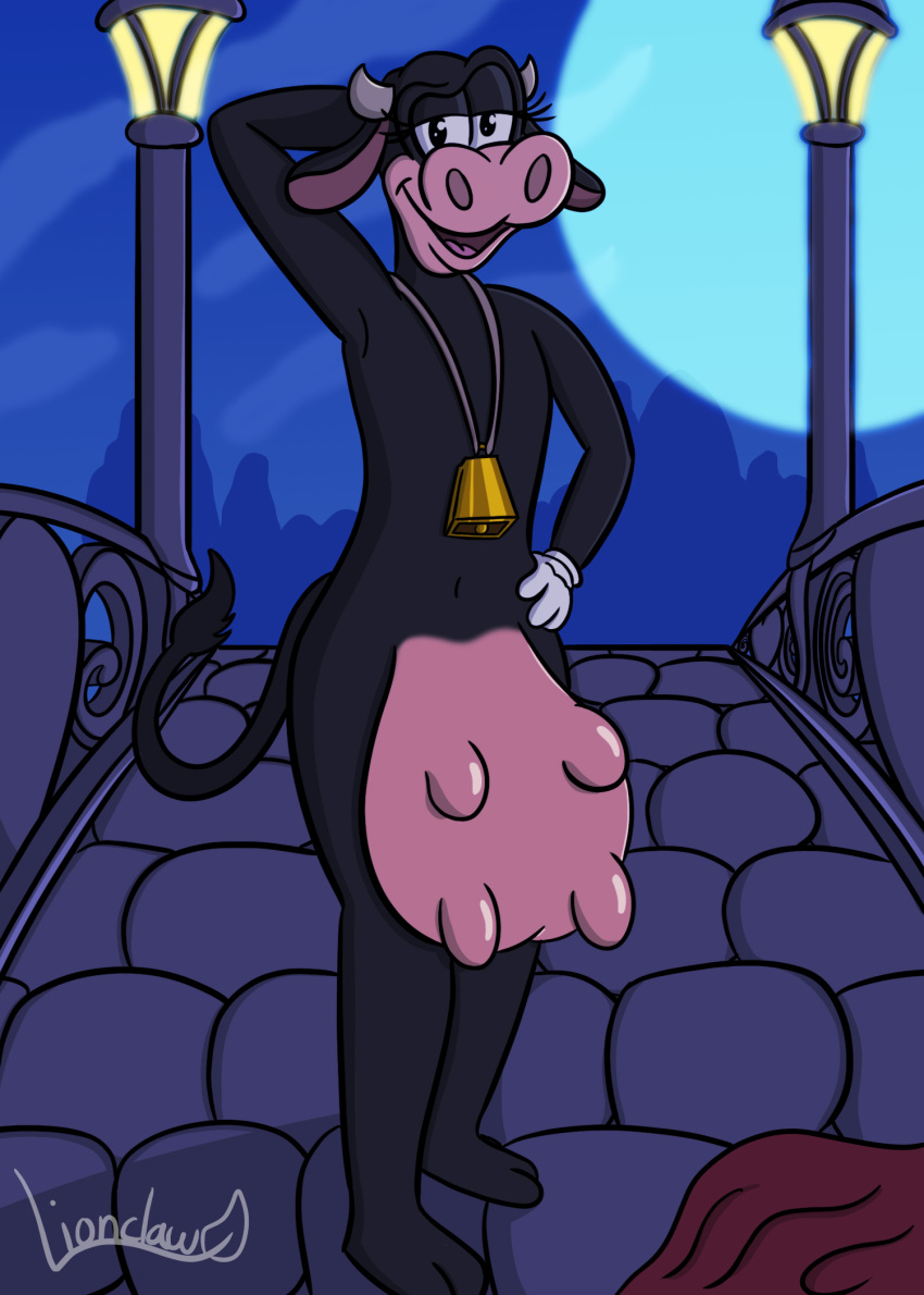 anthro black_body bovid bovine bridge cattle clarabelle_cow cowbell disney female hand_behind_head hand_on_hip hi_res lionclaw looking_at_viewer mammal moon night solo street_lamp teats udders