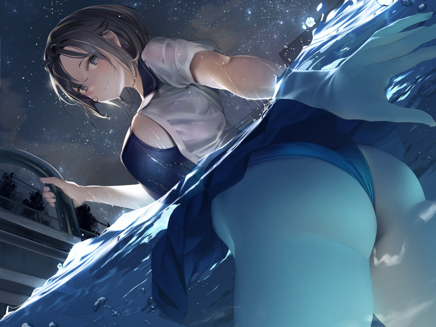 1girl absurdres ass ass_focus blue_skirt blue_swimsuit blush breasts brown_hair closed_mouth clothes_lift dutch_angle from_below galaxy grabbing highleg highleg_swimsuit highres kaede_(sayappa) large_breasts looking_at_viewer milky_way night night_sky one-piece_swimsuit open_clothes open_shirt original partially_submerged partially_underwater_shot pool pool_ladder purple_eyes sailor_collar school_uniform see-through shirt short_hair short_sleeves skindentation skirt skirt_lift sky smile solo star_(sky) starry_sky swimsuit swimsuit_under_clothes thighhighs water wet wet_clothes wet_shirt white_legwear white_shirt