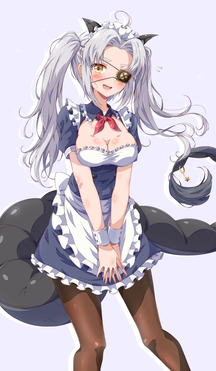 1girl absurdres apron bandages blush breasts brown_legwear commission dragon eggman_(pixiv28975023) eyepatch frilled_apron frills grey_hair highres large_breasts long_hair looking_at_viewer maid maid_apron maid_headdress one_eye_covered pantyhose skeb_commission solo standing tail twintails yellow_eyes