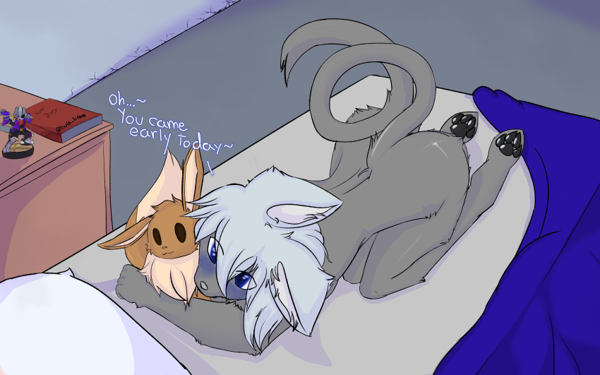 absurd_res ambiguous_gender andromorph anthro ass_up bed black_pawpads blue_eyes blush butt cute_expression cute_eyes domestic_cat eevee embrace felid feline felis first_person_view fur furniture grey_body grey_fur hair herm hi_res hug intersex kuro_(kurotodraw) kurotodraw looking_at_viewer mammal nintendo nude pawpads plushie pok&eacute;mon pok&eacute;mon_(species) raised_tail romantic solo solo_focus star_fox trans_(lore) trans_woman_(lore) video_games white_hair wolf_o'donnell