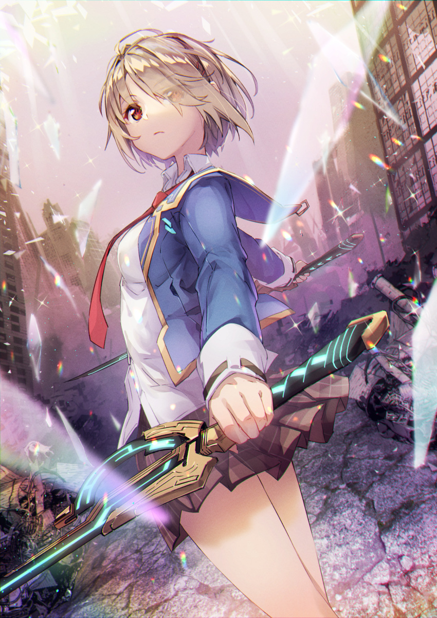 1girl absurdres blue_jacket breasts brown_hair brown_skirt building closed_mouth collared_shirt dual_wielding eva_mashiro eyes_visible_through_hair feet_out_of_frame glass hair_over_one_eye heaven_burns_red highres holding holding_sword holding_weapon jacket kayamori_ruka long_sleeves necktie outdoors pleated_skirt red_eyes red_necktie ruins shirt short_hair skirt small_breasts solo sparkle standing sword weapon white_shirt