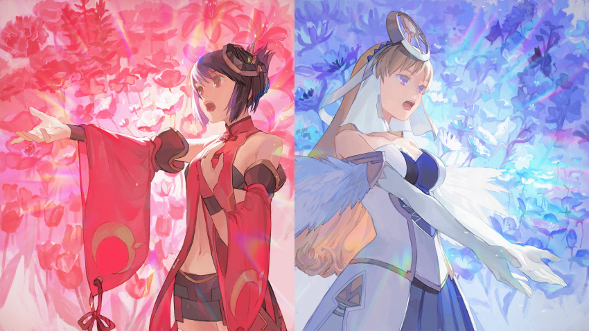2girls ar_tonelico ar_tonelico_ii bandeau bangs bare_shoulders blonde_hair blue_eyes blue_flower blue_hair breasts bridal_gauntlets chroche_latel_pastalie collarbone cowboy_shot crescent detached_sleeves elbow_gloves feather_trim floral_background flower gloves hair_ornament hand_on_own_chest headgear high_collar highres large_breasts long_hair looking_away luca_truelywaath machibari2 miniskirt multiple_girls music navel open_mouth outstretched_arm outstretched_arms red_eyes red_flower short_hair singing skirt small_breasts strapless white_gloves wide_sleeves