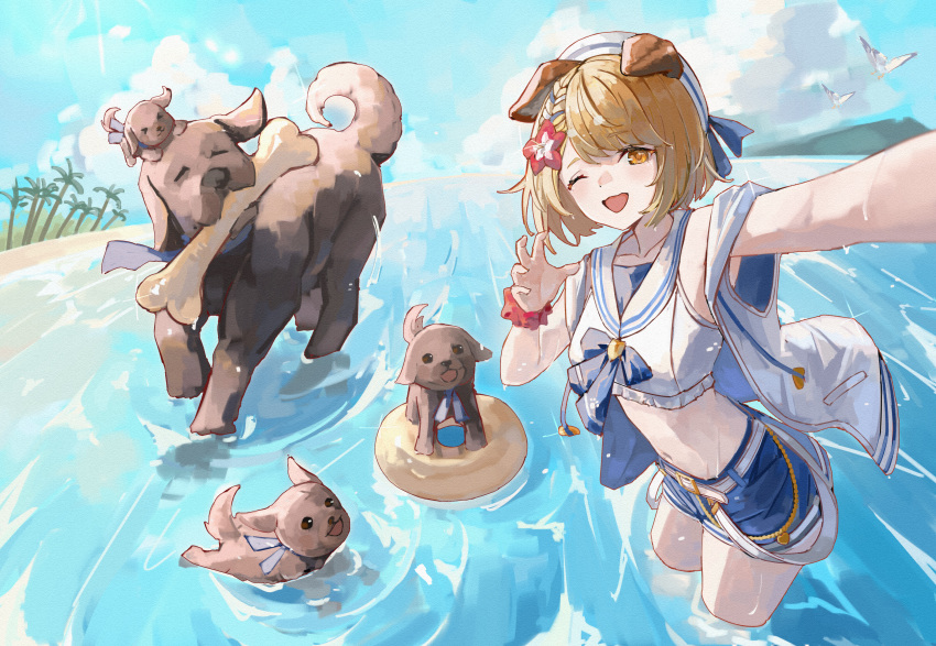 1girl absurdres animal_ears bird blonde_hair blue_footwear bone cellphone cloud crop_top day dog dog_ears flower garjana granblue_fantasy hair_flower hair_ornament hat highres jacket midriff mountain navel one_eye_closed open_mouth outdoors phone puppy reaching_out sailor_collar scrunchie selfie shiro_wa_(shiroshironix) shirt short_hair sleeveless sleeveless_jacket sleeveless_shirt smartphone smile solo vajra_(granblue_fantasy) wading water white_headwear white_jacket white_shirt wrist_scrunchie yellow_eyes