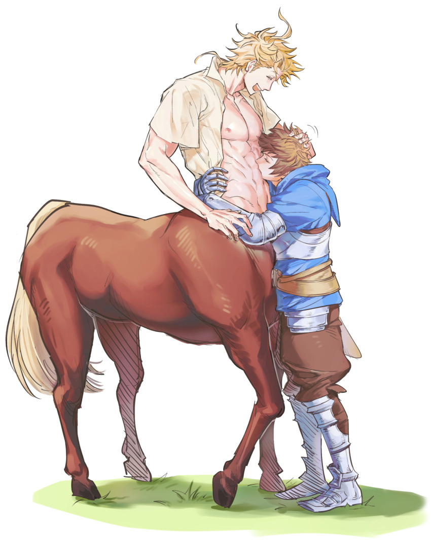 2boys abs armor armored_boots bare_pectorals blonde_hair blue_hoodie boots bpadult brown_eyes brown_hair brown_pants centaur chest_armor closed_eyes fighter_(granblue_fantasy) gauntlets gran_(granblue_fantasy) granblue_fantasy hand_on_another's_head highres hood hood_down hoodie hug kissing_stomach male_focus multiple_boys muscular muscular_male navel nipples open_clothes open_mouth open_shirt pants pectorals seofon_(granblue_fantasy) shirt short_hair simple_background smile taur white_shirt yaoi
