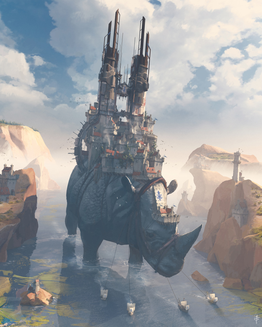 absurdres animal animal_focus banner bird castle chimney cliff cloud cloudy_sky day fleur_de_lis gregory_fromenteau harness highres no_humans original outdoors oversized_animal rhinoceros sailing_ship scenery ship sky tower towing tree watercraft