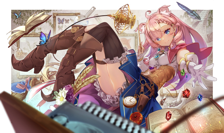 1girl absurdres ahoge animal_ear_fluff animal_ears apple bandeau bangs belt bloomers blue_eyes blurry blurry_foreground book boots breasts brooch broom brown_footwear brown_legwear bug butterfly cat_ears closed_mouth earrings eva_mashiro extra_ears flask floating flower food frilled_legwear fruit full_body garter_straps gem gloves high_heel_boots high_heels highres holding holding_wand holster indie_virtual_youtuber jewelry kerosene_lamp long_hair medium_breasts mortar navel necox_nekoha open_book outstretched_arm painting_(object) pestle pocket_watch quill reaching_out round-bottom_flask scroll second-party_source single_glove single_sleeve single_thighhigh slit_pupils smile solo test_tube thigh_strap thighhighs thighs underwear wand watch wheat white_gloves