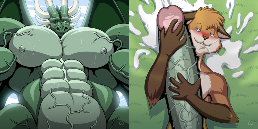 anthro big_dom_small_sub big_muscles big_penis blush bodily_fluids canid canine cum dominant dragon duo farin fox genital_fluids genitals handjob hi_res horn huge_muscles huge_penis hyper hyper_genitalia hyper_muscles hyper_penis male male/male mammal muscular nipples penile penis sekk'ral sex size_difference smile vein veiny_muscles veiny_penis wings wolfiecanem