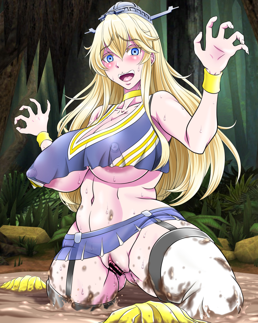 1girl :o absurdres atagawa bar_censor blonde_hair blue_eyes blush bottomless breasts censored cheerleader choker covered_nipples cuffs dirty dirty_clothes dress fingernails hat highres iowa_(kancolle) jungle kantai_collection large_breasts legwear_garter long_fingernails looking_at_viewer mud nature open_mouth outdoors pom_pom_(cheerleading) pussy pussy_juice quicksand see-through see-through_dress see-through_shirt sinking solo solo_focus sweat sweatdrop thick_thighs thighhighs thighs