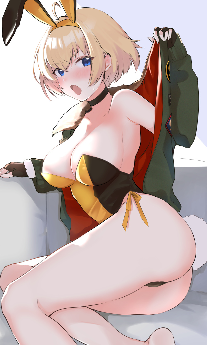 1girl absurdres animal_ears bare_legs bare_shoulders black_choker blonde_hair border_break breasts character_request choker cleavage commentary_request emirio_(emirio110) fake_animal_ears green_jacket highres jacket large_breasts legs looking_at_viewer playboy_bunny rabbit_ears short_hair solo thighs