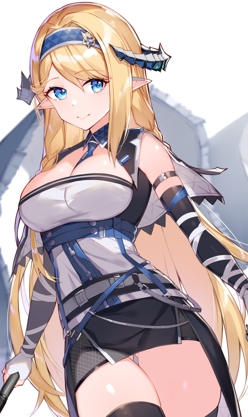 1girl absurdres arknights arm_strap ass_visible_through_thighs bangs bare_shoulders belt between_breasts black_skirt blonde_hair blue_eyes blue_hairband blue_necktie breasts cleavage commentary cowboy_shot elbow_gloves eyebrows_visible_through_hair gloves hair_between_eyes hairband highres horns large_breasts long_hair looking_at_viewer necktie necktie_between_breasts pointy_ears revision rikoma saileach_(arknights) simple_background skirt smile solo standing thighhighs thighs white_background