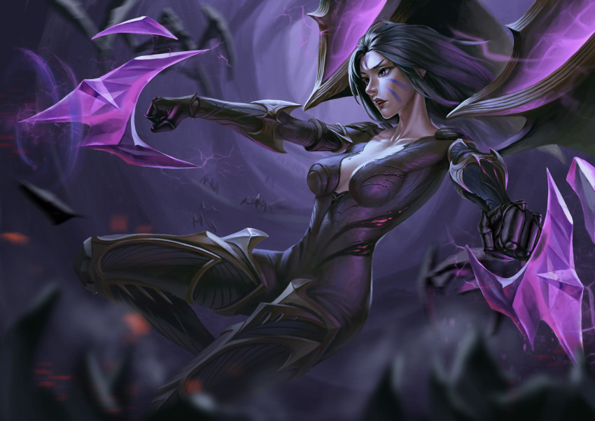 1girl absurdres bangs black_gloves black_hair blurry bodysuit breasts creature crystal facial_mark gloves highres kai'sa kong_de_ji league_of_legends long_hair long_sleeves open_mouth parted_bangs red_lips shiny shiny_hair teeth upper_teeth voidling wings