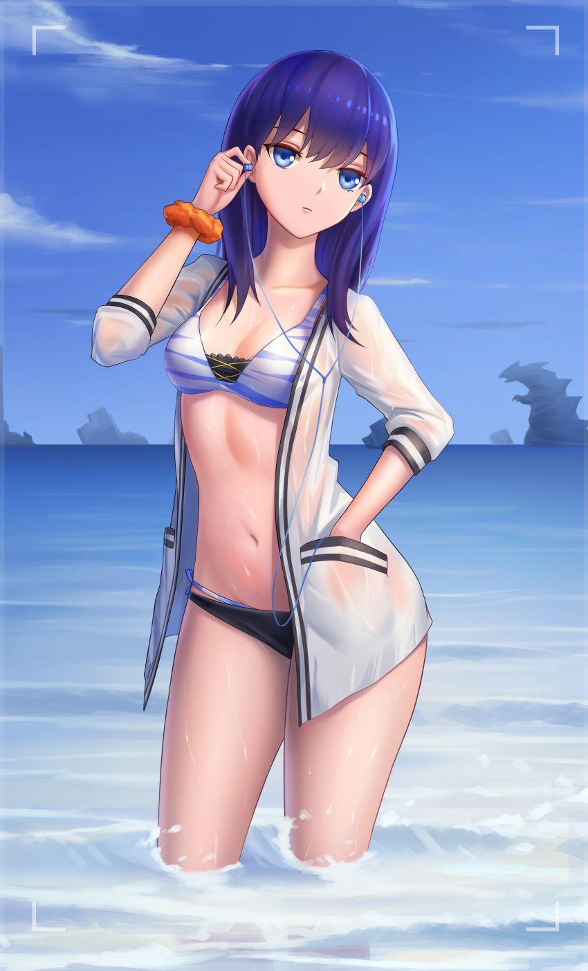 1girl absurdres animal_print bare_legs bikini black_bikini_bottom black_hair blue_eyes blue_sky cloud day earbuds earphones feet_out_of_frame gy_(l964625780) hand_in_pocket highres horizon long_hair long_sleeves looking_at_viewer mismatched_bikini monster ocean orange_scrunchie outdoors partially_submerged scrunchie side-tie_bikini sky soaking_feet solo ssss.gridman standing swimsuit takarada_rikka tiger_print viewfinder water white_cardigan wrist_scrunchie