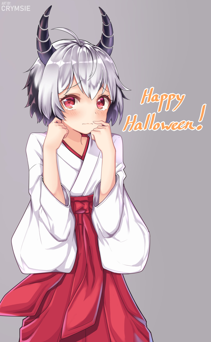 1girl absurdres ahoge artist_name black_hair blush closed_mouth eyebrows_visible_through_hair grey_background grey_hair hands_on_own_face happy_halloween highres horns japanese_clothes long_sleeves looking_at_viewer miko nervous original rachel_bouvier red_eyes short_hair simple_background solo watermark