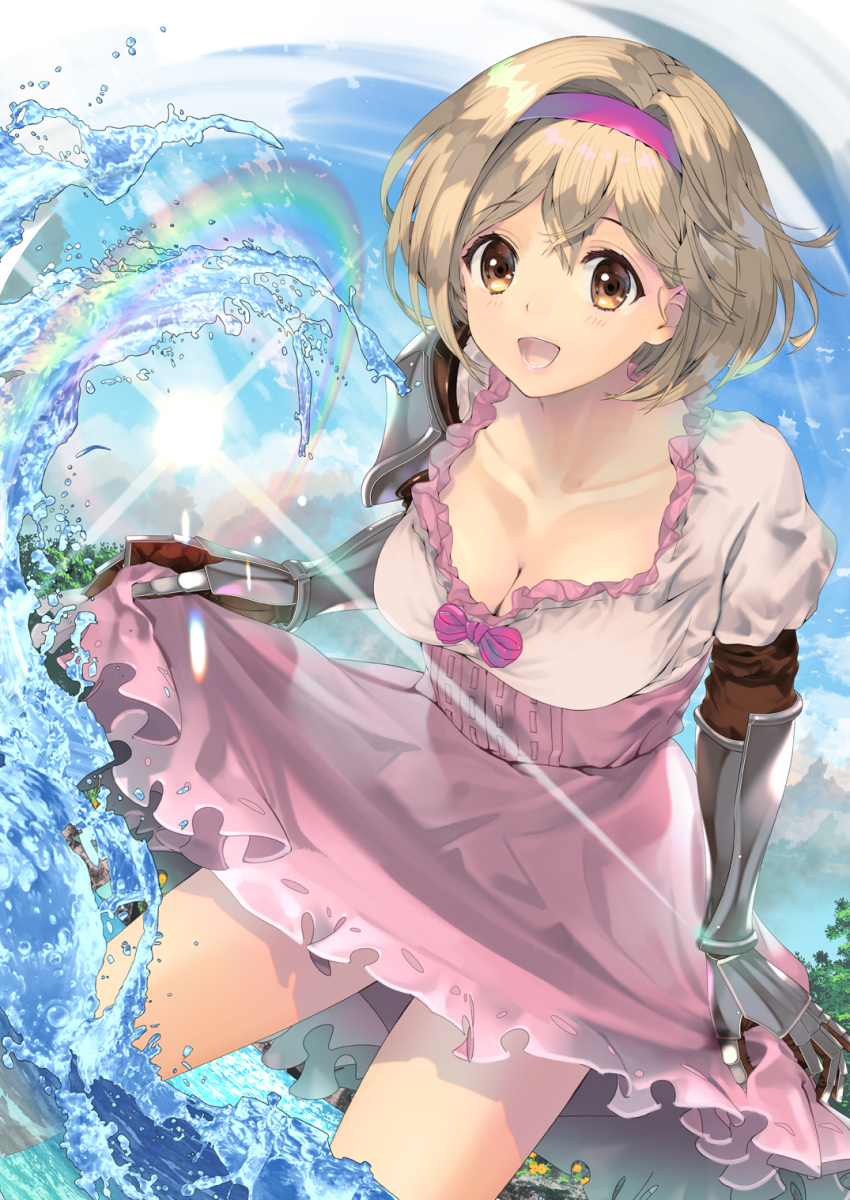 1girl :d bangs bare_legs blonde_hair blush bow breasts brown_eyes cleavage collarbone day djeeta_(granblue_fantasy) dutch_angle eyebrows_visible_through_hair gauntlets granblue_fantasy hair_between_eyes hair_intakes hairband high-waist_skirt highres medium_breasts medium_hair miniskirt naruse_hirofumi open_mouth outdoors pink_bow pink_skirt rainbow red_hairband shiny shiny_hair shirt skirt skirt_hold smile solo sunlight wading white_shirt