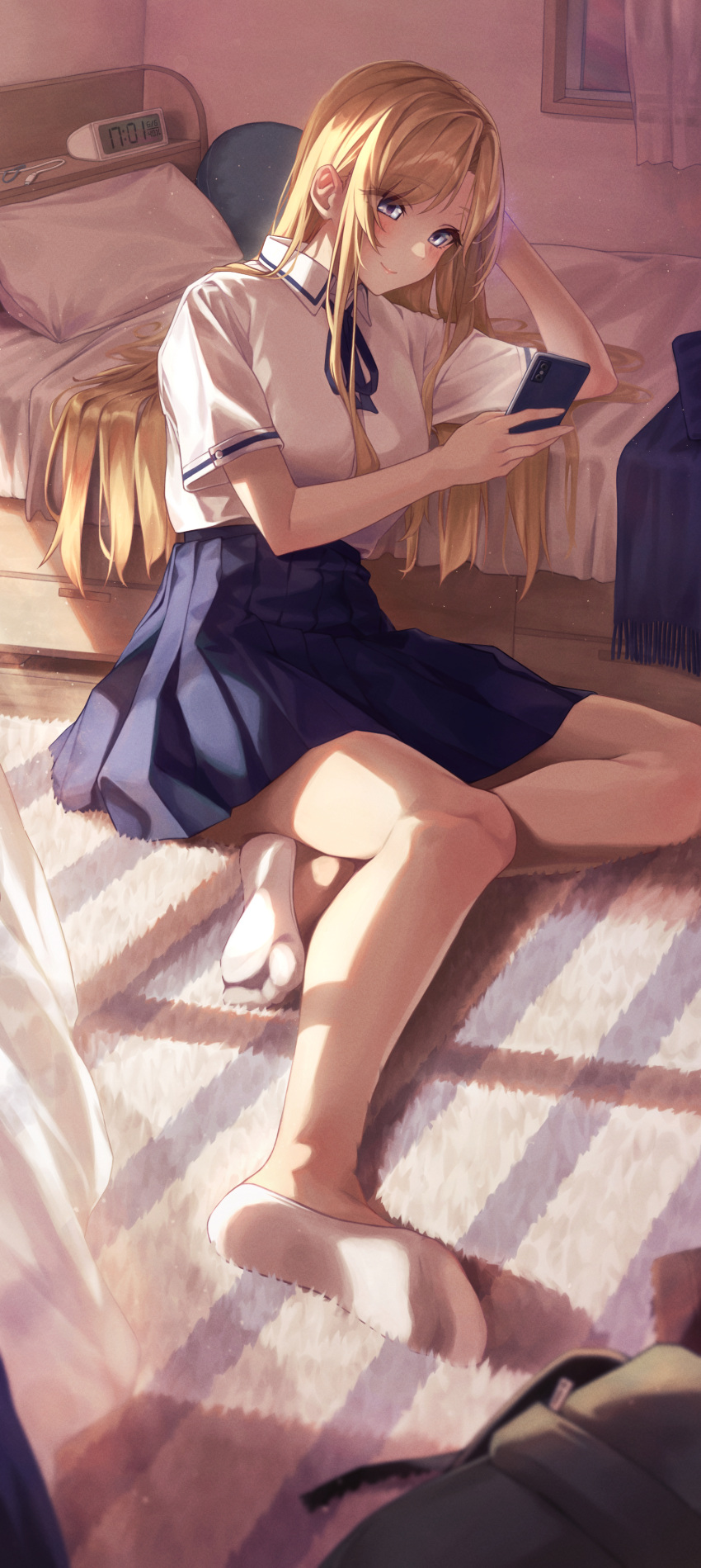 1girl absurdres against_bed arm_support banana_oekaki bangs bare_legs bed blonde_hair blue_eyes blue_ribbon blue_skirt blush carpet cellphone clock closed_mouth collared_shirt curtains eyebrows_visible_through_hair full_body hand_on_own_head highres holding holding_phone indoors leaning_on_object legs long_hair looking_at_viewer lying neck_ribbon nishina_toriko no_shoes on_floor on_side parted_bangs phone pillow pleated_skirt ribbon school_uniform shirt short_sleeves sidelocks sitting skirt smartphone smile solo sunlight thighs urasekai_picnic white_footwear white_shirt window