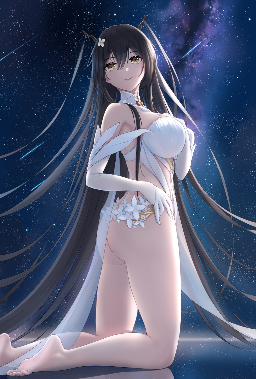1girl absurdres arm_between_breasts ass azur_lane bangs bare_legs bare_shoulders barefoot between_breasts black_hair breasts dress elbow_gloves eyebrows_visible_through_hair flower_trim gloves hair_between_eyes hand_on_own_chest highres horns indomitable_(azur_lane) kneeling large_breasts long_hair night night_sky no_panties outdoors parted_lips reflection shigatsu_(4gate) shooting_star sky smile solo star_(sky) starry_sky straight_hair very_long_hair white_dress white_gloves yellow_eyes